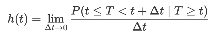 Mathematical representation of the hazard function h(t) in survival analysis.